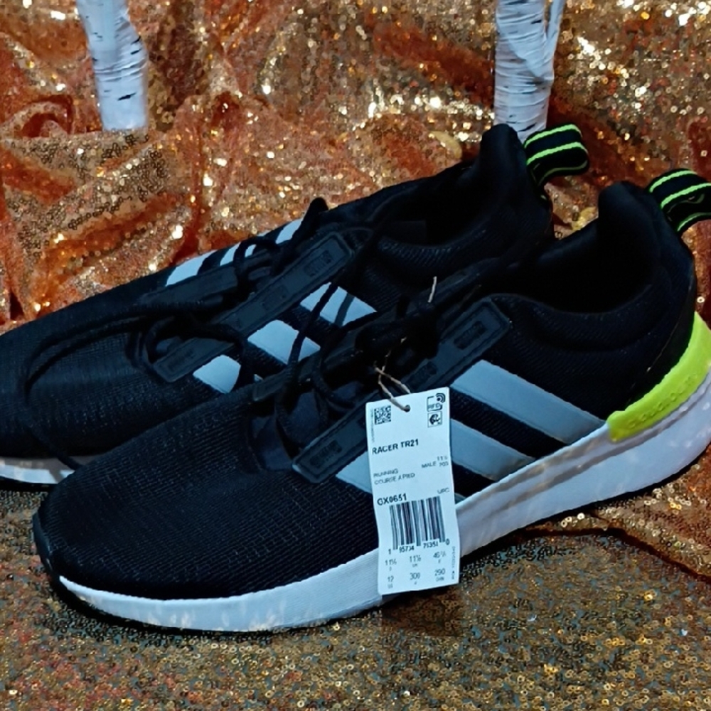 Adidas Men's Black and White Sneakers with Yellow Accents